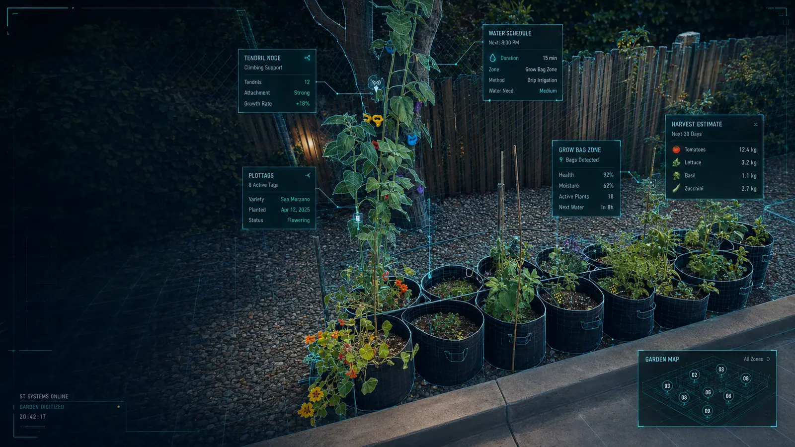 Same backyard garden with SteelThumb digital-twin planning and telemetry overlay